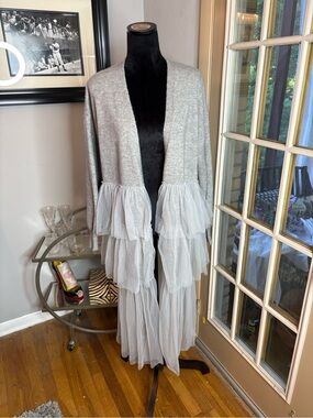 Sunday in Brooklyn Light Gray Tiered Tulle Open-Front Coatigan